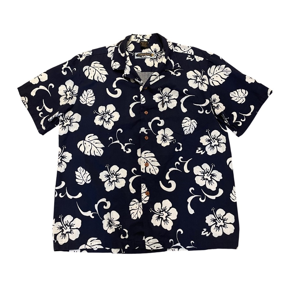 Palmwave Aloha‎ Hawaiian Shirt Navy Blue Hibiscus Floral Cotton Large